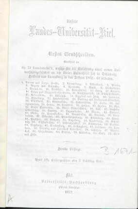 Erstes Sendschreiben: Gerichtet an die 72 Localcomité's, welche für die Errichtung eines neuen Universitätsgebäudes an der Kieler Universität sich in Schleswig, Holstein und Lauenburg in den Jahren 1862-64 bildeten : Sendschreiben