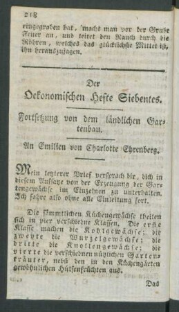Der Oekonomischen Hefte Siebentes. Fortsetzung von dem ländlichen Gartenbau