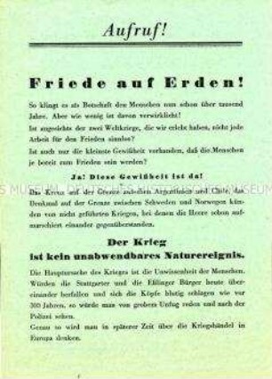 Propagandaflugblatt der Deutschen Friedensbewegung zur Verhinderung von Kriegen