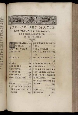 Indice des Matieres principales, dieux et Deesses Contenues en ce present oeuvre.