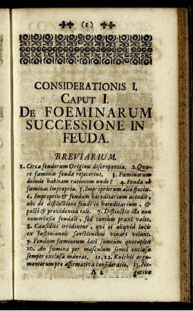 Considerationis I. Caput I. De Foeminarum Successione In Feuda