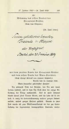 [Faksimile] Widmung des ersten Bandes der Serapions-Brüder (20. Juni 1819)