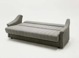 Sofa (Dreisitzer) : Leipzig. Leipziger Herbstmesse, 1983. Sitzgruppe "Vitte". Holz, Polsterung mit Mischgewebebezug, rehbraun (1983; VEB Möbelkombinat Ribnitz-Damgarten). Sofa (Dreisitzer). Ansicht als Liege