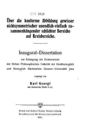 Über die konforme Abbildung gewisser nichtsymmetrischer unendlich-vielfach zusammenhängender schlichter Bereiche auf Kreisbereiche