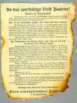 Aufruf des Provisorischen Revolutionären Zentralrates zur Unterstützung der Räterepublik in Bayern