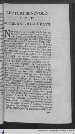 Lectori benevolo S. P. D. M. Ios. Ant. Rieggerus.