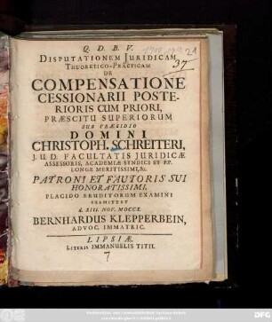 Disputationem Juridicam Theoretico-Practicam De Compensatione Cessionarii Posterioris Cum Priori