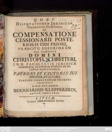 Disputationem Juridicam Theoretico-Practicam De Compensatione Cessionarii Posterioris Cum Priori