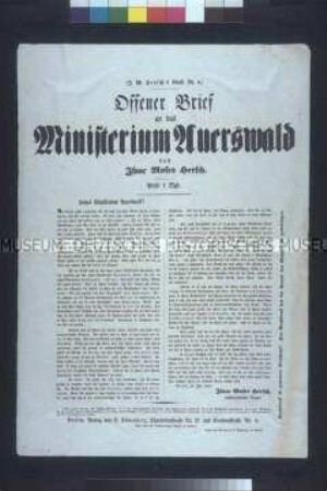Satirisches Flugblatt (Serie): Offener Brief an das Ministerium Auerswald (I. M. Hersch's Briefe Nr. 6); Berlin, Juni 1848