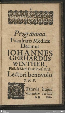 Programma Facultatis Medicae Decanus Johannes Gerhardus Winther