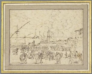 Hafen von Livorno mit einer Galeere, viele Figuren am Ufer