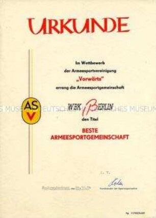 Urkunde zur Verleihung des Titels "Beste Armeesportgemeinschaft"