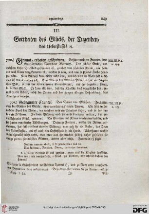 III. Gottheiten des Glücks, der Tugenden, des Ueberflusses u.
