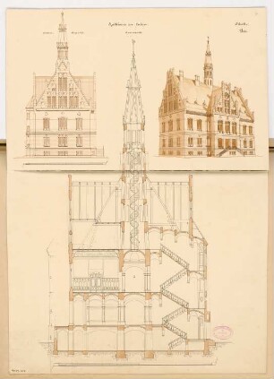 Rathaus, Calau Monatskonkurrenz März 1879: Aufriss Seitenansicht, Querschnitt, perspektivische Ansicht; Maßstabsleiste