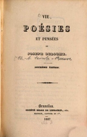 Vie, poésies et pensées de Joseph Delorme