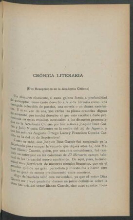 Crónica literaria : (Dos recepciones en la Academia Chilena)