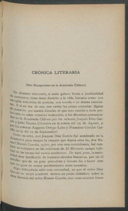 Crónica literaria : (Dos recepciones en la Academia Chilena)
