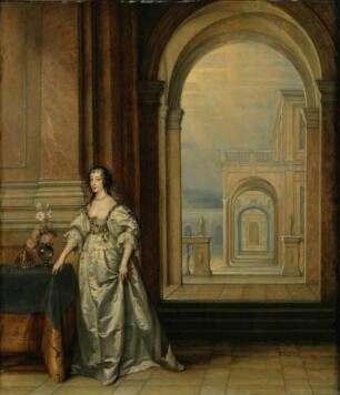 Königin Henrietta Maria (1609–1668), die Gemahlin Karls I. von England, in einer Bogenhalle
