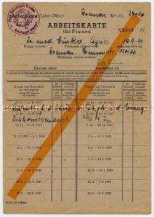 Arbeitskarte der Freien Hansestadt Bremen mit Eintragungen für 1947 und 1949 - Personenkonvolut