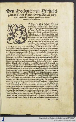 Den Hochgelehrten Fürsichtigen und Weisen Herren / Burgermeistern unnd Rath / der Stadt Nürnberg ...