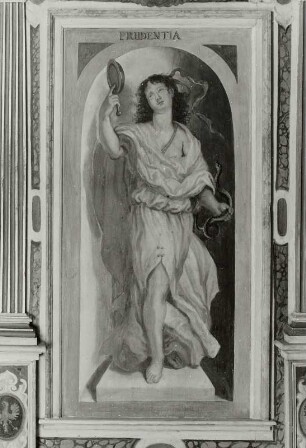 Prudentia (Klugheit) : Prudentia (Klugheit). Wohl Öl auf Holz (ab 1634; C. Schiebling). Radebeul, Hoflößnitz, Berg- und Lusthaus, Festsaal, Westseite