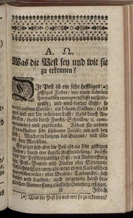 A. Ω. Was die Pest sey und wie sie zu erkennen?