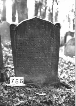 Grabstein 756 (Index: 99900383) Material: Sandstein Zustand: angewittert, einige großflächige Abbrüche Maße HxBxT: 88x55x9 cm Beschreibung: Stele mit Spitzbogenabschluss mit zu Voluten hochgezogenen Ecken, von der Spitze herabhängende Blätter, Oberhalb der Inschrift Levitenkanne, seitliche Blumen Symbolik: Levitenkanne, Blumen und Blätter: Grabstein 756