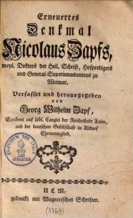 Erneurtes Denkmal Nikolaus Zapf's ... Generalsuperint. zu Weimar