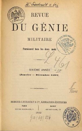 Revue du génie militaire. 6 = A. 6. 1892