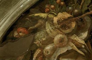 Flora, gerahmt von zwei Füllhörnern und Papageien