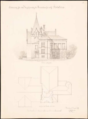 Herrenhaus Schönborn Umbau: Aufriss der Seitenfassade, Dachaufsicht, Maßstabsleiste