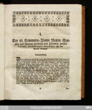 I. Des sel. Geheimten-Rahts Beselin Auszüge aus Johann Friedrich von Chemnitz grossen Chronico Mecklenburgico Manuscripto von der Stadt Rostock.