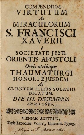 Compendium Virtutum ... S. Francisci Xaverii ...