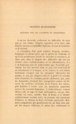Chapitre quatorzième. Rapports avec les autorités du protectorat