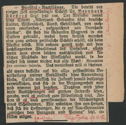 Zeitungsrezension - Preußisches Tageblatt vom 29.12.1882