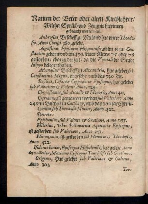 Namen der Veter oder alten Kirchlehrer ...