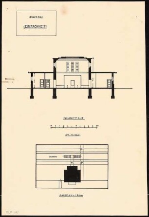 Empfangsgebäude an einer Vorortbahn Monatskonkurrenz Mai 1929: Lageplan 1:500; Querschnitt 1:100; Maßstabsleiste