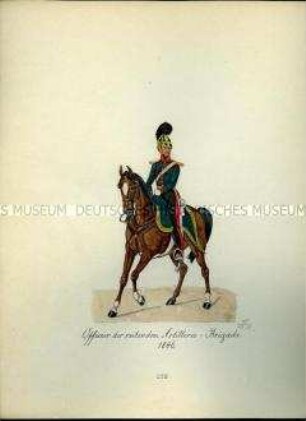 Uniformdarstellung, Offizier der Reitenden Artillerie-Brigade, 1846. Aus: Sammelmappe "Sachsens Militär", Königliche Arsenalsammlung.