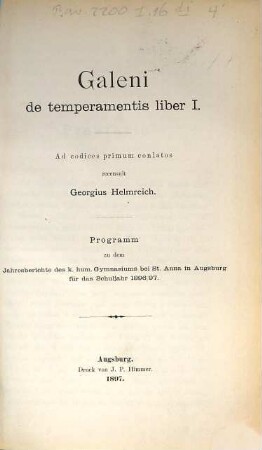 Galeni de temperamentis liber I.