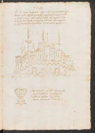 Federzeichnung: Stadtsilhouette; Kelch mit menschlichem Antlitz