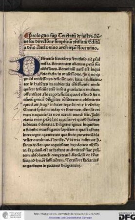 Prologus super tractatum de instructione seu directione simplicium confessorum, editum a domino Anthonino archiepiscopo Florentino.