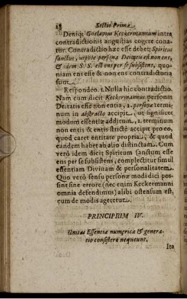 Principium IV. Unitas Essentiae numericae & generatio consistere nequeunt.