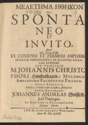 Meletēma Ēthēkon De Spontaneo Et Invito
