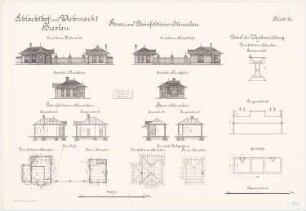 Schlachthof und Viehmarkt, Breslau Desinfektionshäuschen, Steuerhäuschen: Desinfektionshäuschen: Grundriss Erdgeschoss, Sparrenlage, Querschnitt Längsschnitt Ansichten 1:100. Detail der Waschvorrichtung: Grundriss Längsschnitt Seitenansicht 1:10. Steuerhäuschen: Grundriss Erdgeschoss, Sparrenlage, Querschnitt Längsschnitt Ansichten 1:100
