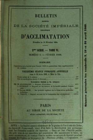 Bulletin mensuel de la Société Imperiale Zoologique d'Acclimatation. 6. 1869