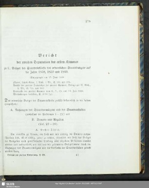 Bericht der zweiten Deputation der ersten Kammer zu I., Budget der Staatseinkünfte des ordentlichen Staatsbudgets auf die Jahre 1858, 1859 und 1860