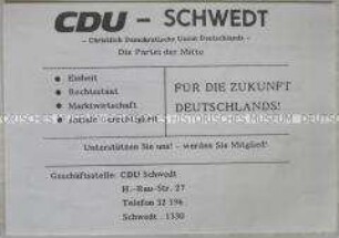 Handzettel der CDU Schwedt mit Mitgliederwerbung