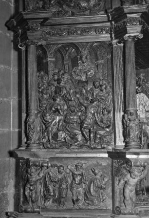 Rechter Seitenaltar, nördliche Nebenseite: Szene mit einem Heiligen (Messe des heiligen Ildefonso?)
