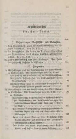 Inhaltsübersicht des zehnten Bandes