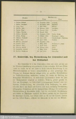 IV. Unterricht, bez. Vermehrung der Lehrmittel und der Bibliothek